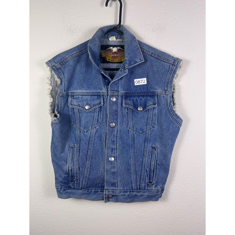 Vtg Harley Davidson Denim Vest Womens Blue Jean Biker American Flag Made in USA